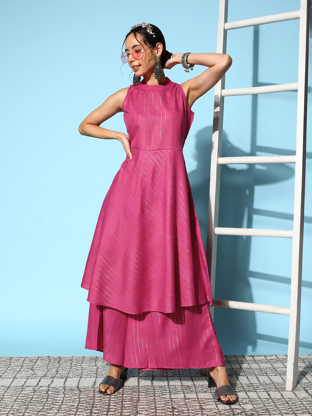 InWeave Women's Pink Lurex Boho Sleevless Kurta Set - Swadesiicart