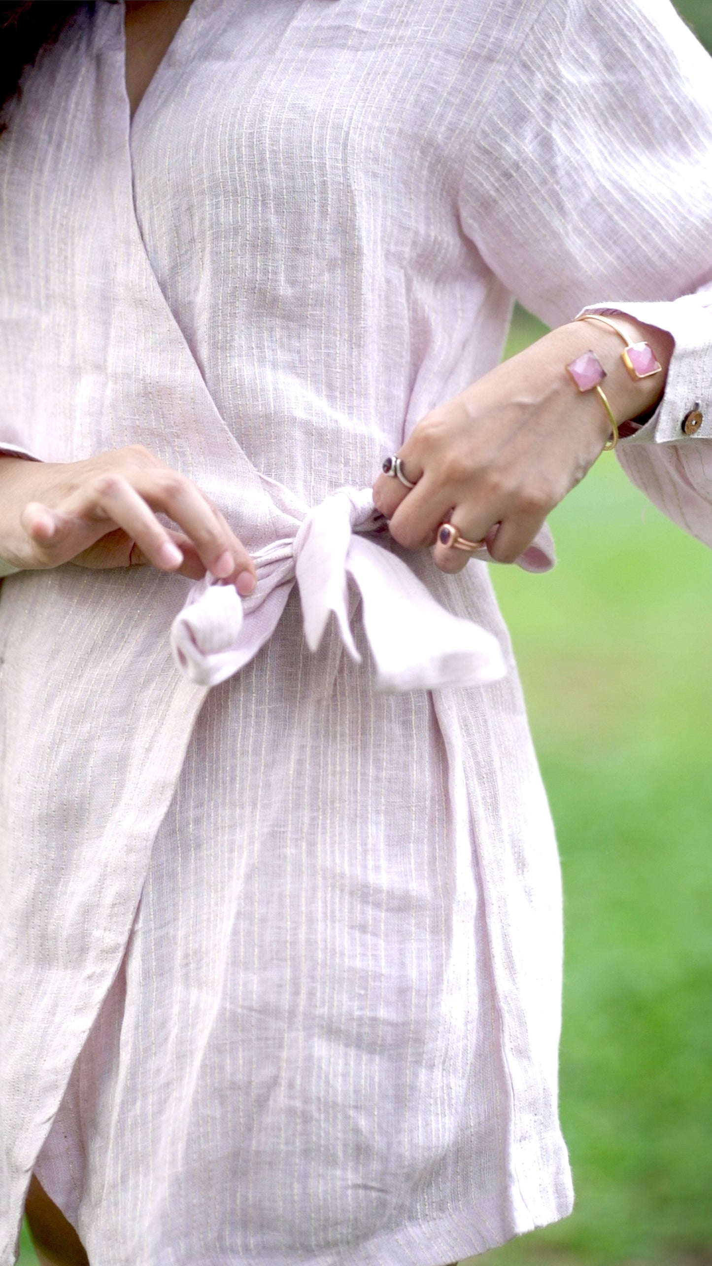 Noroke Linen Lilac Gold Wrap Shirt Dress | Swadesiicart