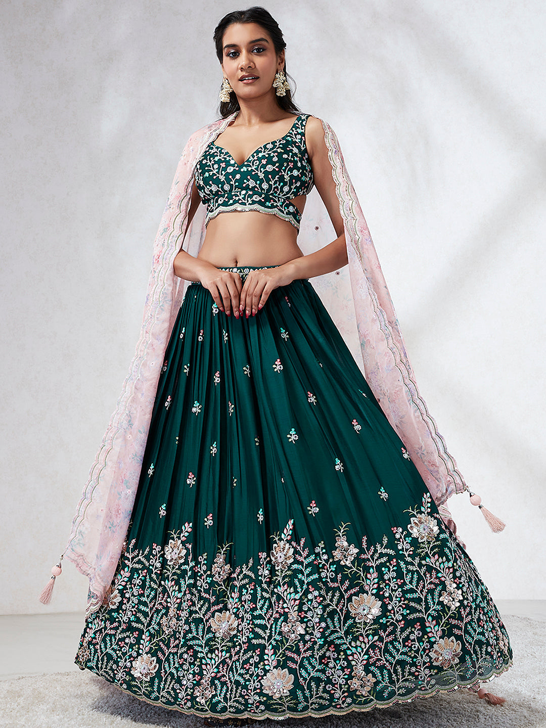 House of Panchhi Teal - Georgette Sequins, Mirror And Thread Embroidery Lehenga Choli | Swadesiicart