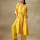 trueBrowns Yellow Textured Silk High Slit Gathered Kurta Set | Swadesiicart