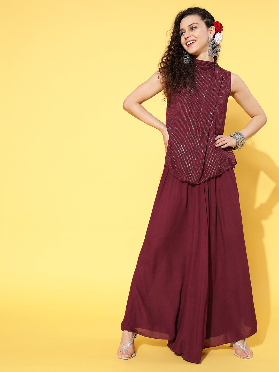InWeave Women's Maroon Lurex Top With Flared Palazzo - Swadesiicart
