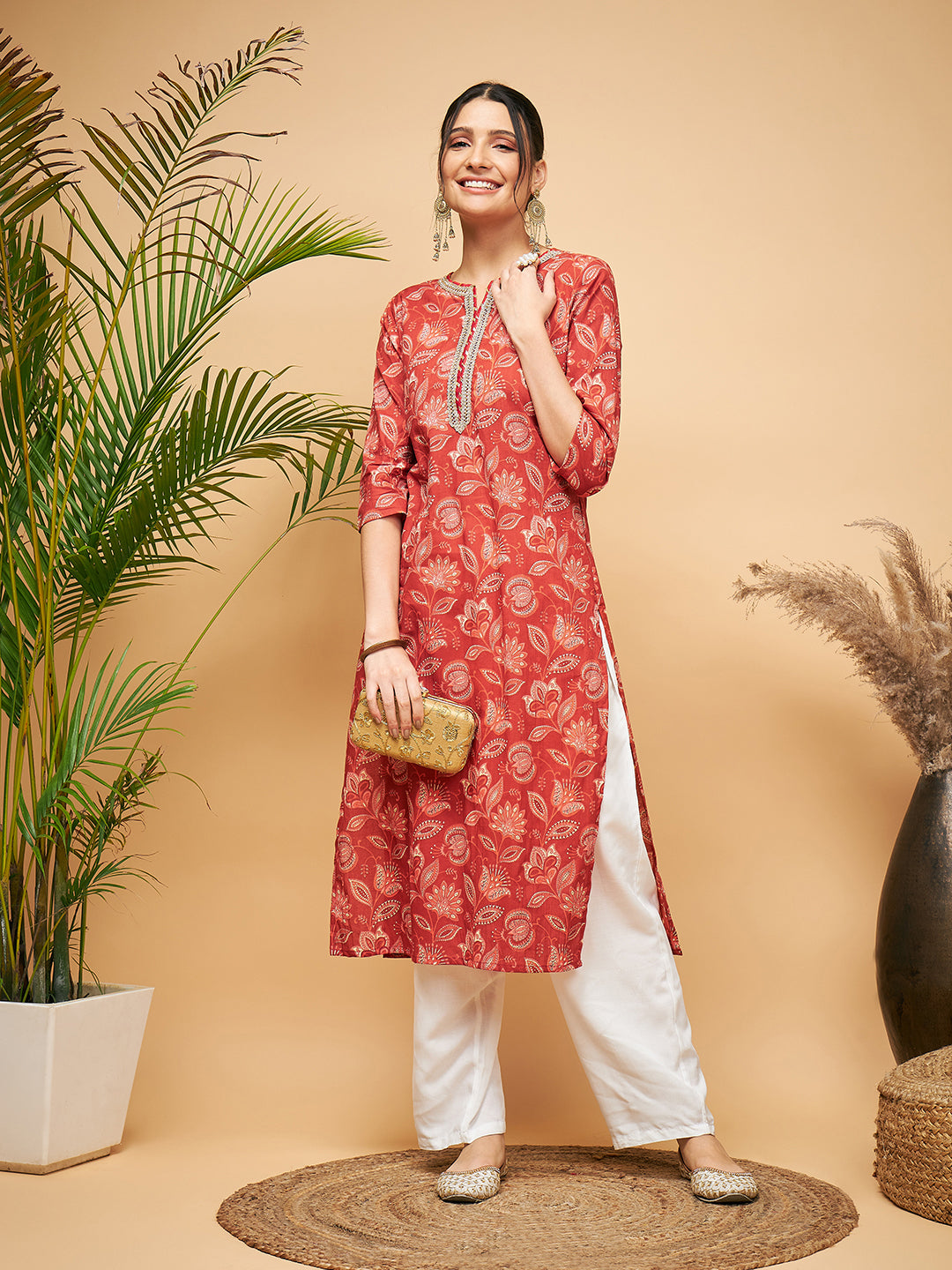 InWeave Women's Rust Paisley Print Gota Straight Kurta - Swadesiicart
