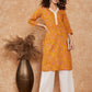 InWeave Women's Fire Yellow Print V Neck Lace Work Straight Kurta - Swadesiicart
