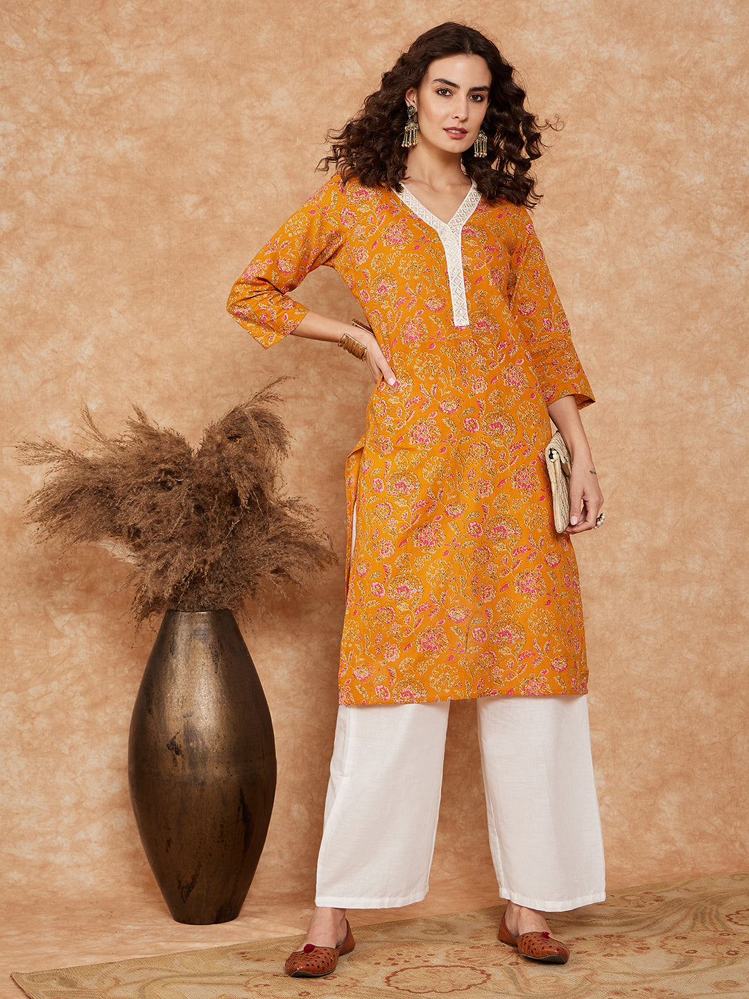 InWeave Women's Fire Yellow Print V Neck Lace Work Straight Kurta - Swadesiicart