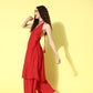 InWeave Women's Red Lace Work Backless Kurta Sharara Set With Lehariya Dupatta - Swadesiicart