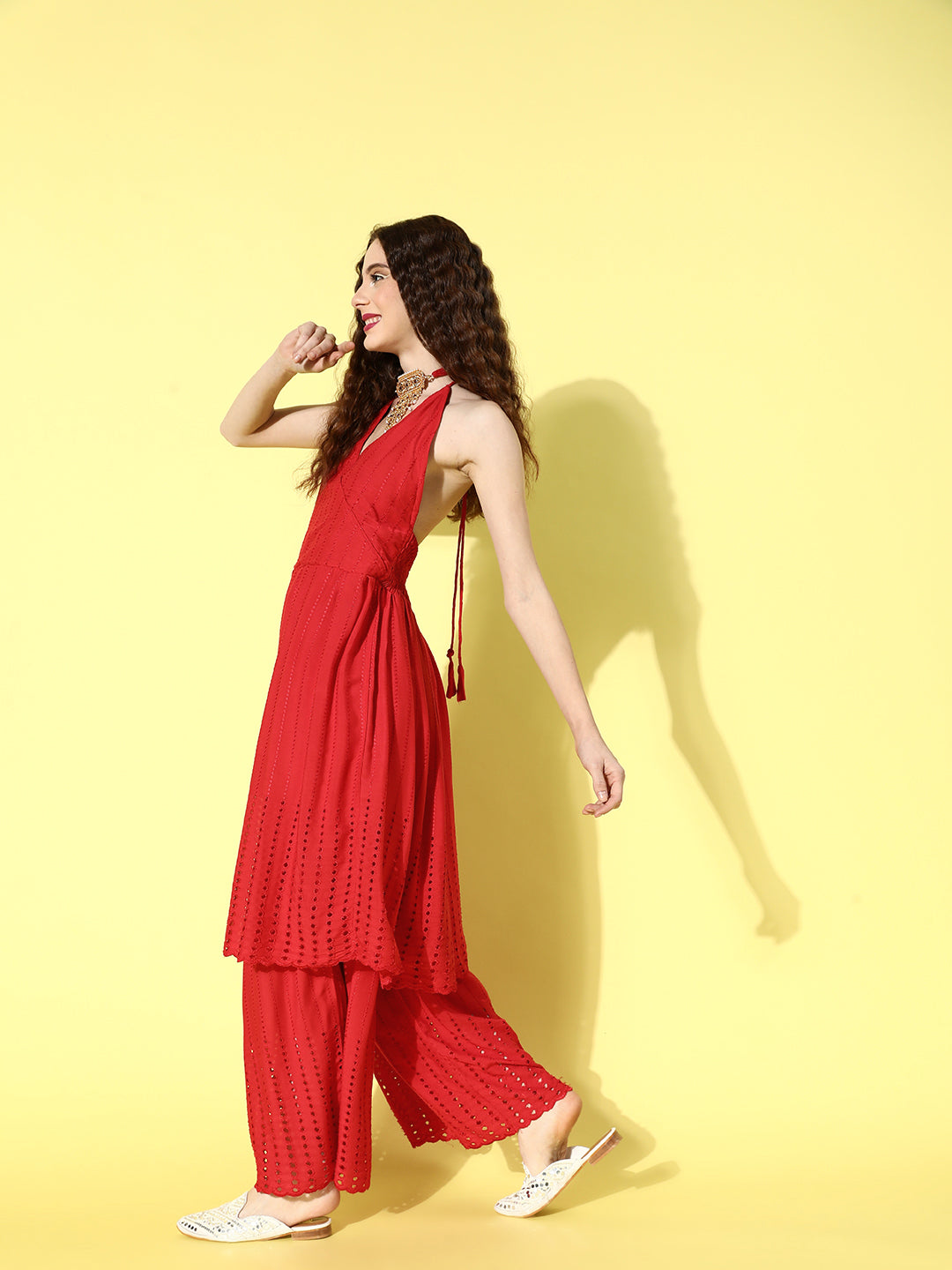 InWeave Women's Red Lace Work Backless Kurta Sharara Set With Lehariya Dupatta - Swadesiicart