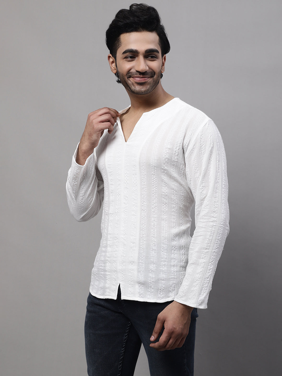 Even Apparels White Pure Cotton Open Neck Kurta | Swadesiicart