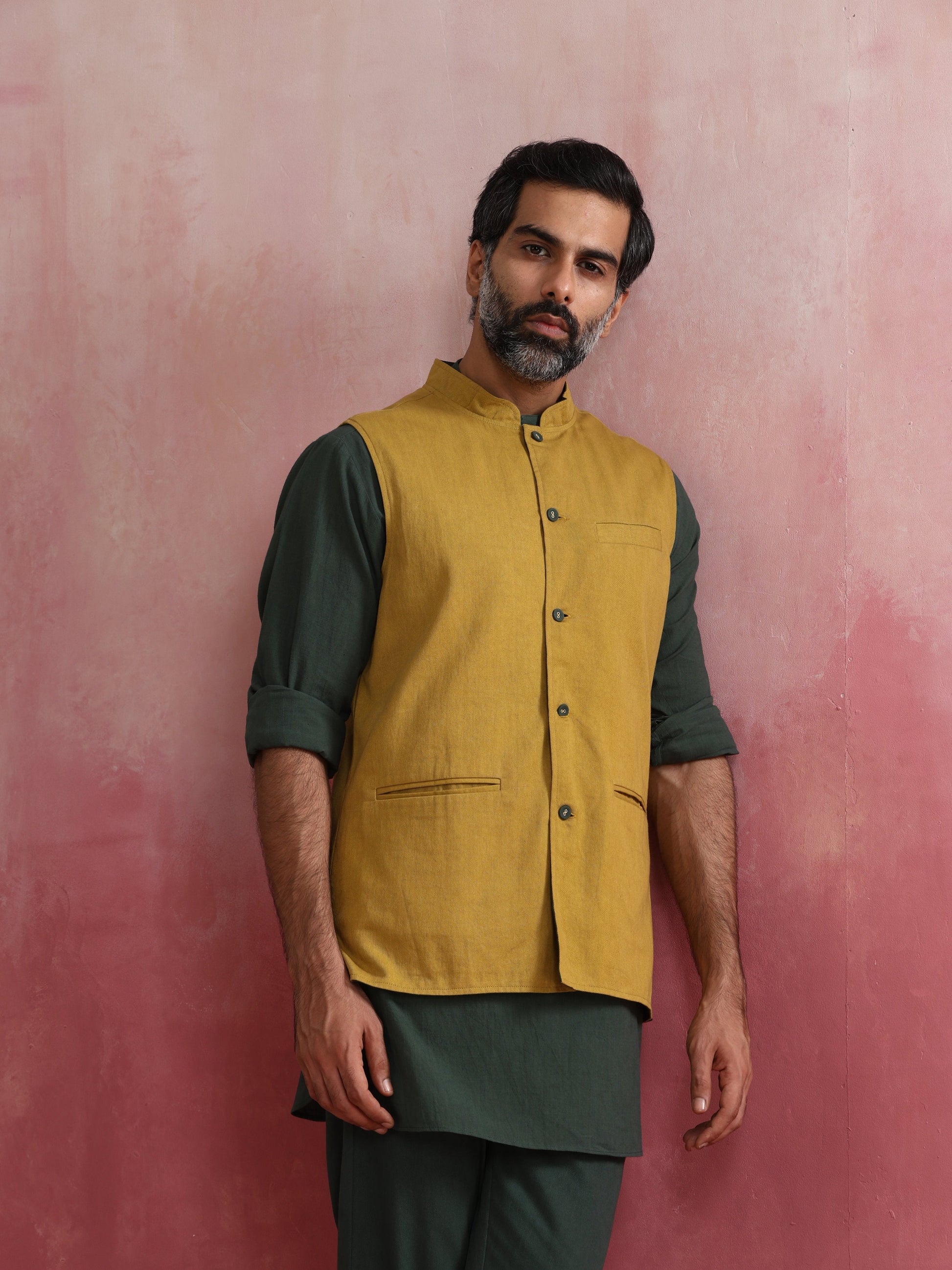 trueBrowns Men's Mustard Cotton Reversible Nehru Jacket | Swadesiicart