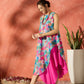 InWeave Blue Floral Fuchsia Asymmetrical Dress - Swadesiicart