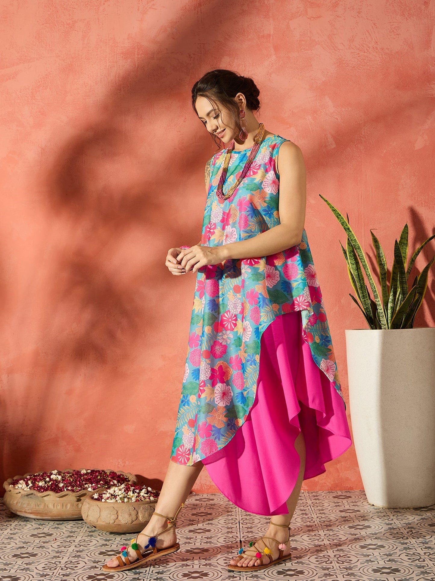 InWeave Blue Floral Fuchsia Asymmetrical Dress - Swadesiicart