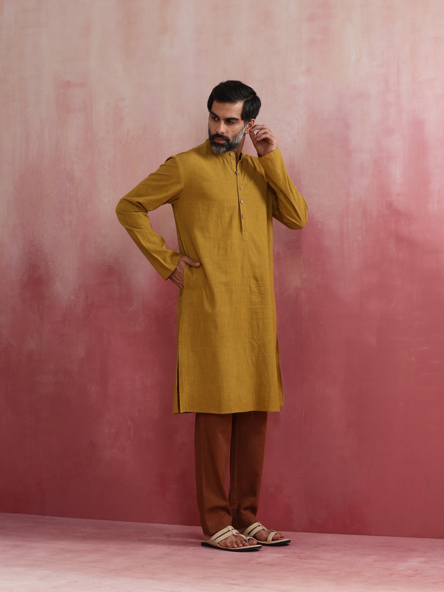 trueBrowns Men's Mustard Mandarin Collar Kurta | Swadesiicart