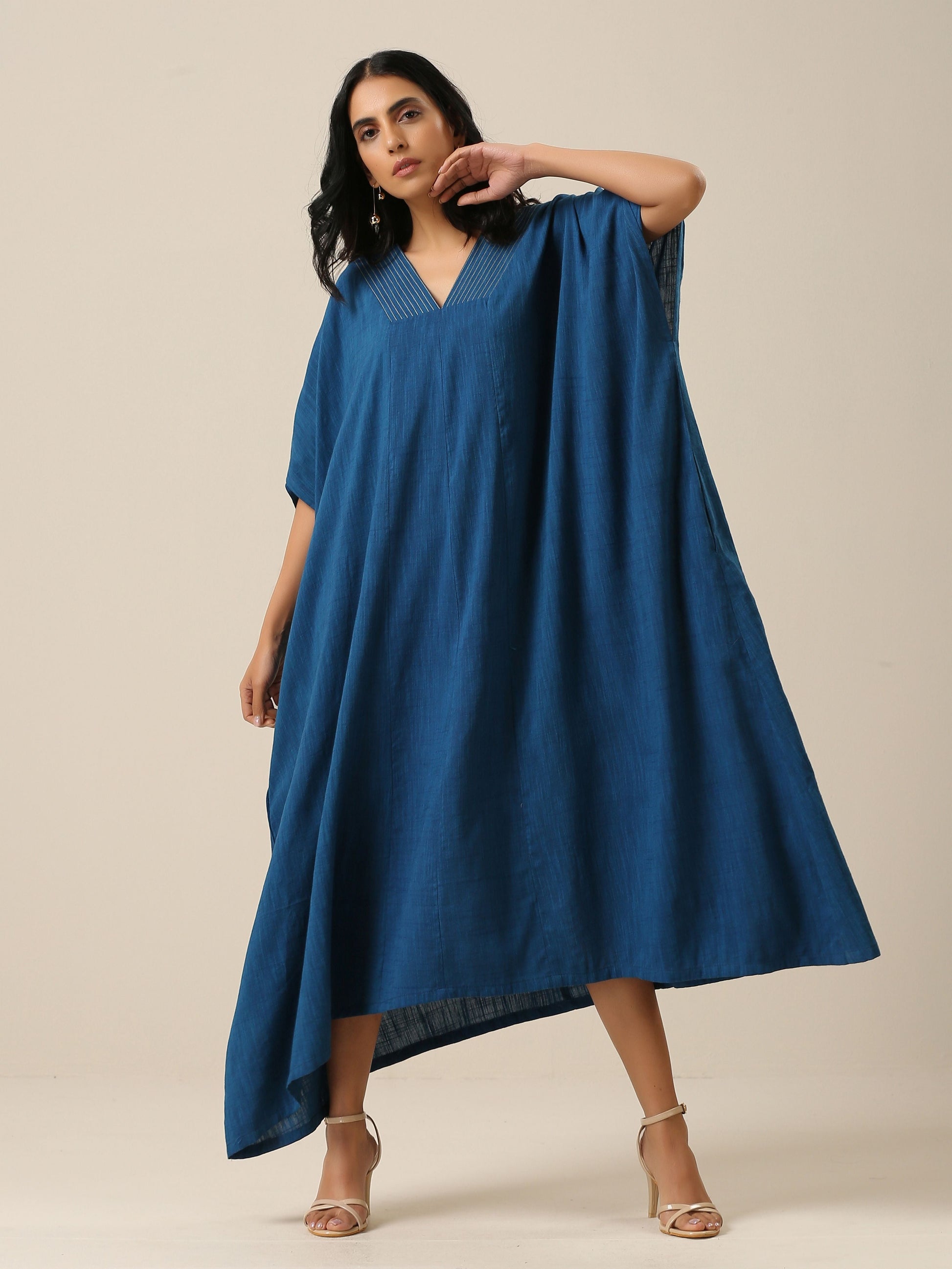 trueBrowns Classic Blue Panel Kaftan dress | Swadesiicart