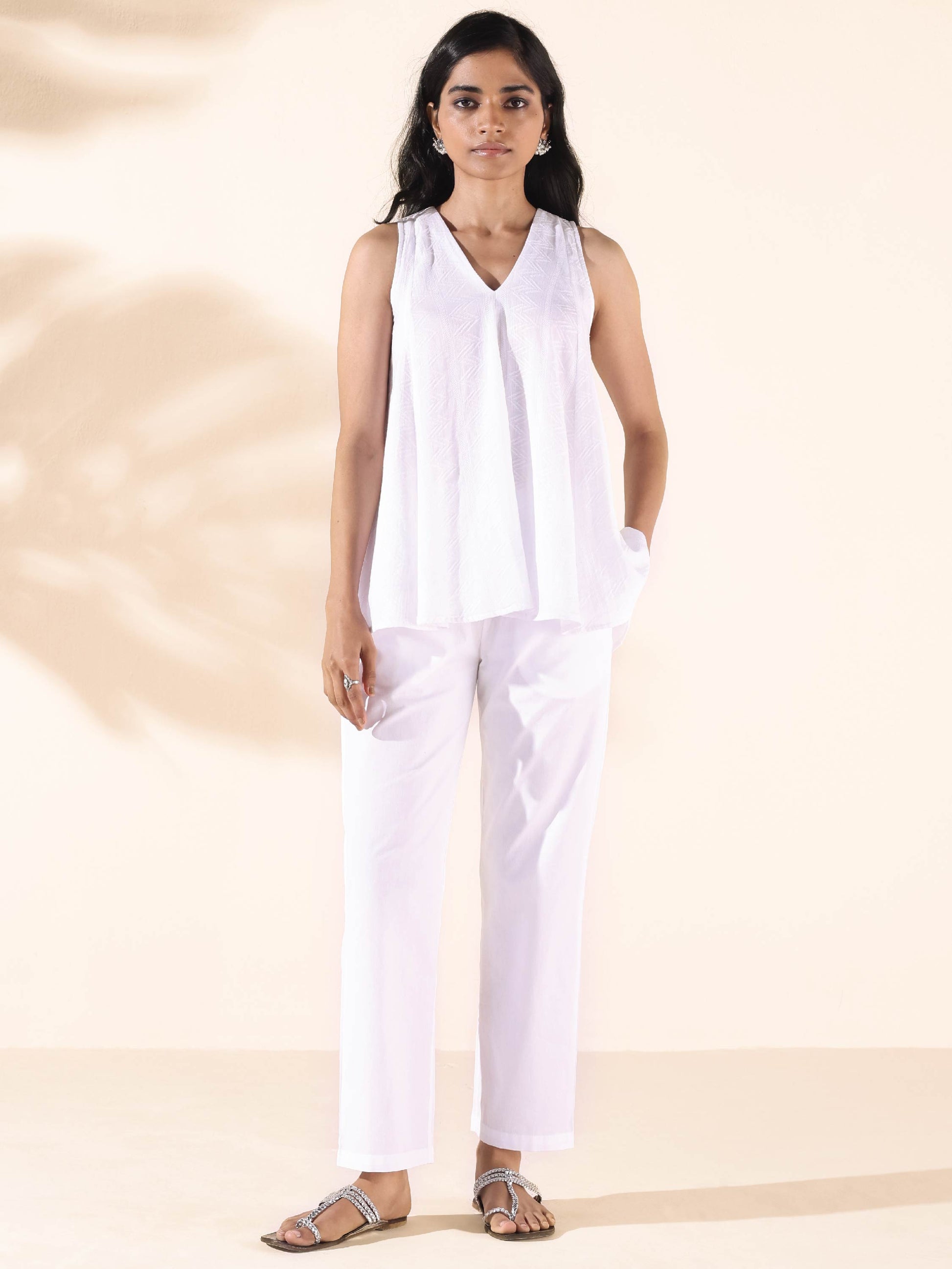 trueBrowns White Cotton Dobby Flared Co-ord Set - Swadesiicart
