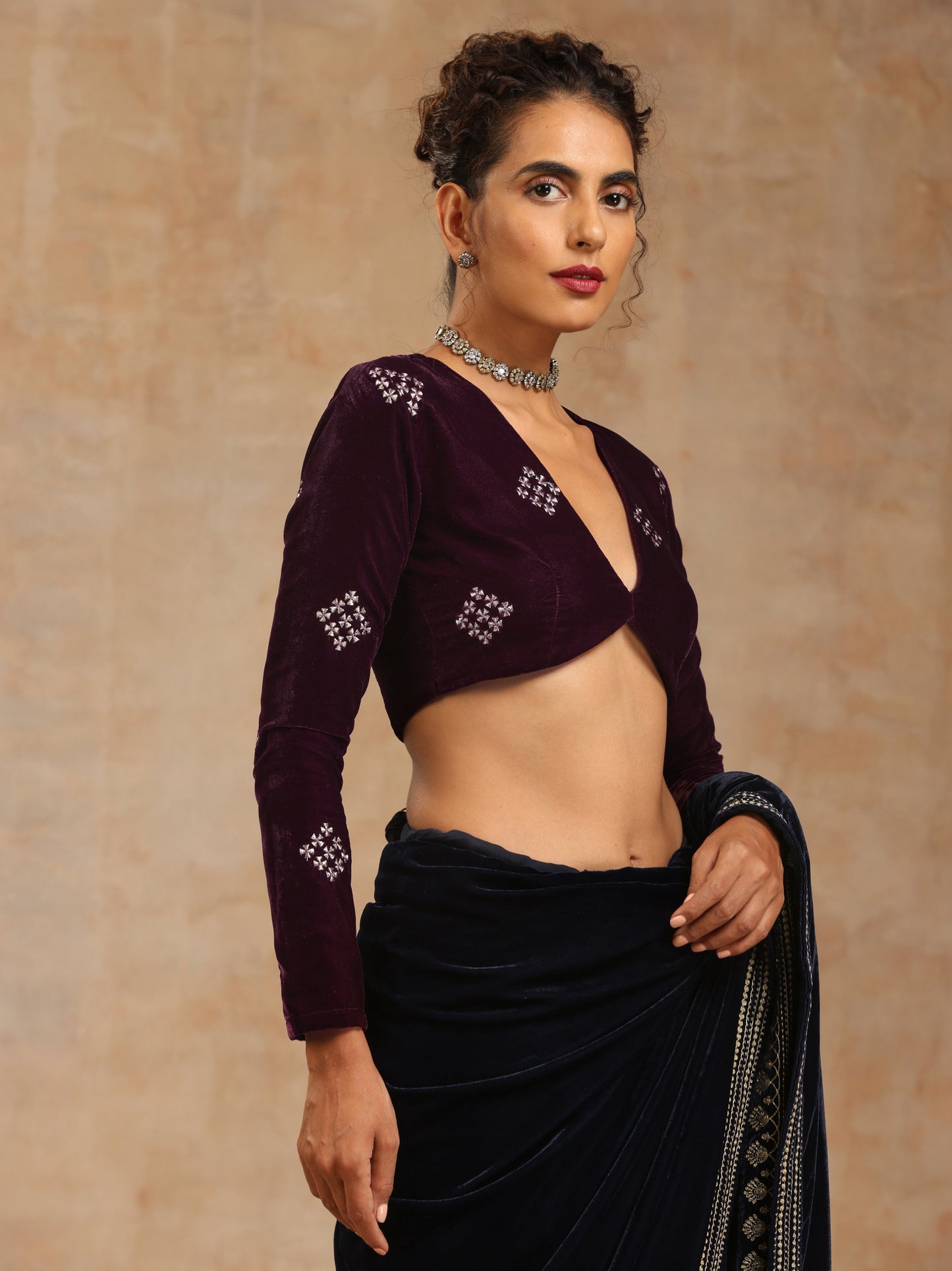 trueBrowns Wine Velvet Embroidered Blouse | Swadesiicart
