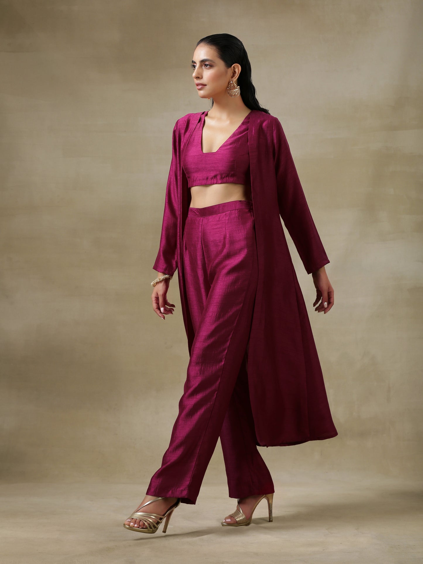 trueBrowns Purple Textured Silk Overlay Jacket Blouse Pant Set | Relove | Swadesiicart