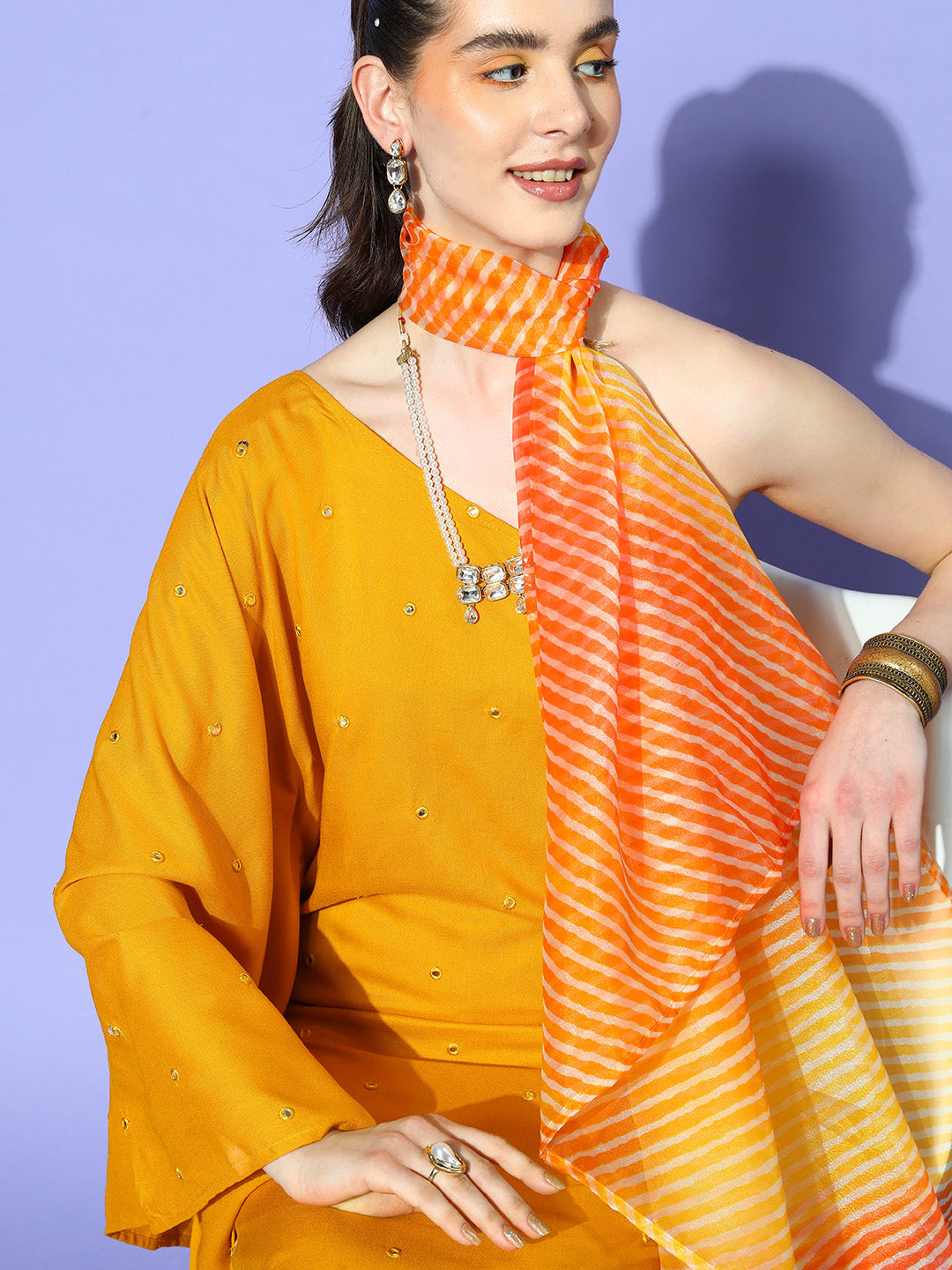 InWeave Women's Mustard Mirror Work One Shoulder Kurta Set With Dupatta - Swadesiicart