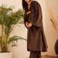 InWeave Women's Brown V Neck Asymmetrical Pleated Velvet Kurta Set - Swadesiicart