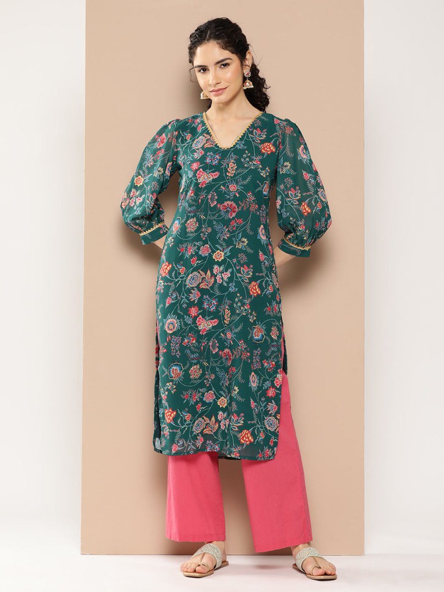 Ahalyaa Women Floral Printed Gotta Patti Floral Georgette Kurta | Swadesiicart