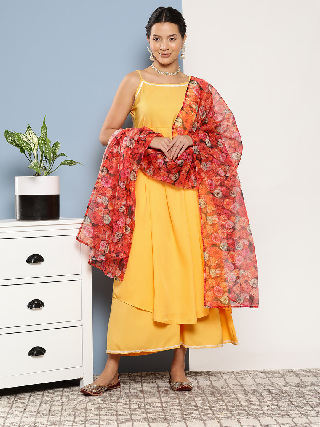 InWeave Women's Cassatta Yellow Cr Strappy Set With Rose Print Dupatta - Swadesiicart