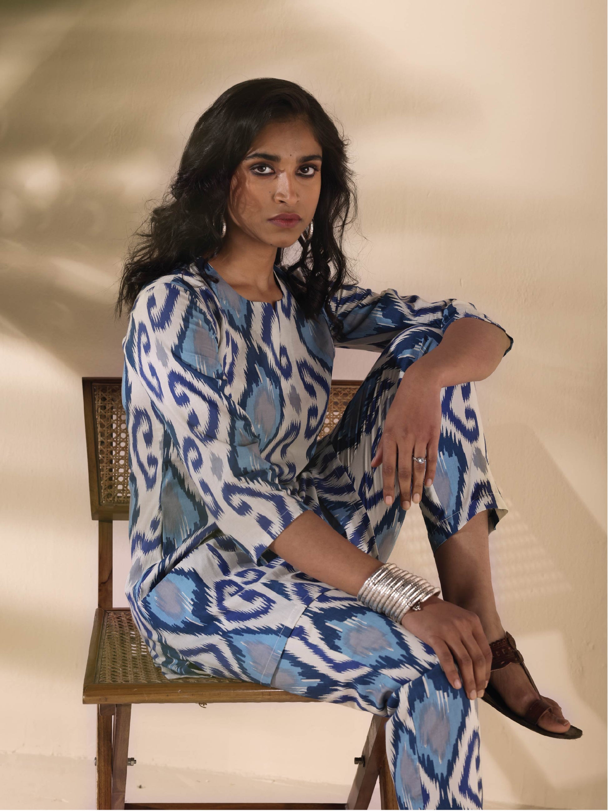 trueBrowns Blue Cotton Ikat Relaxed Co-ord Set - Swadesiicart