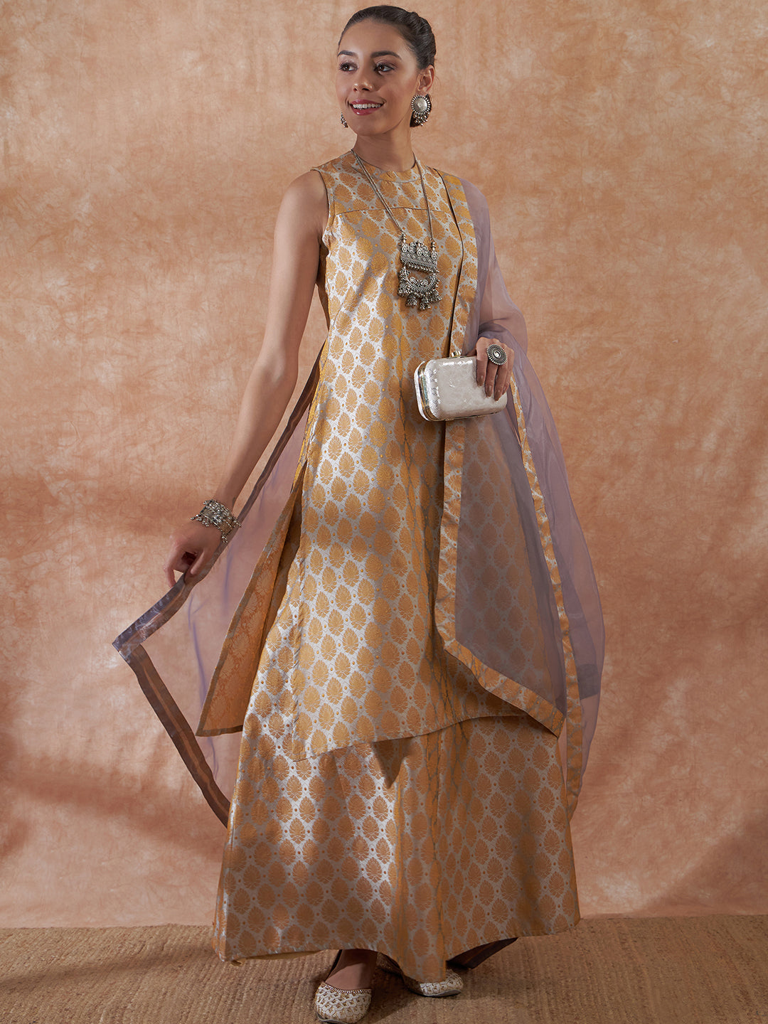 InWeave Women's Light Grey Jacquard Halter Kurta Set W Grey Or Dupatta - Swadesiicart