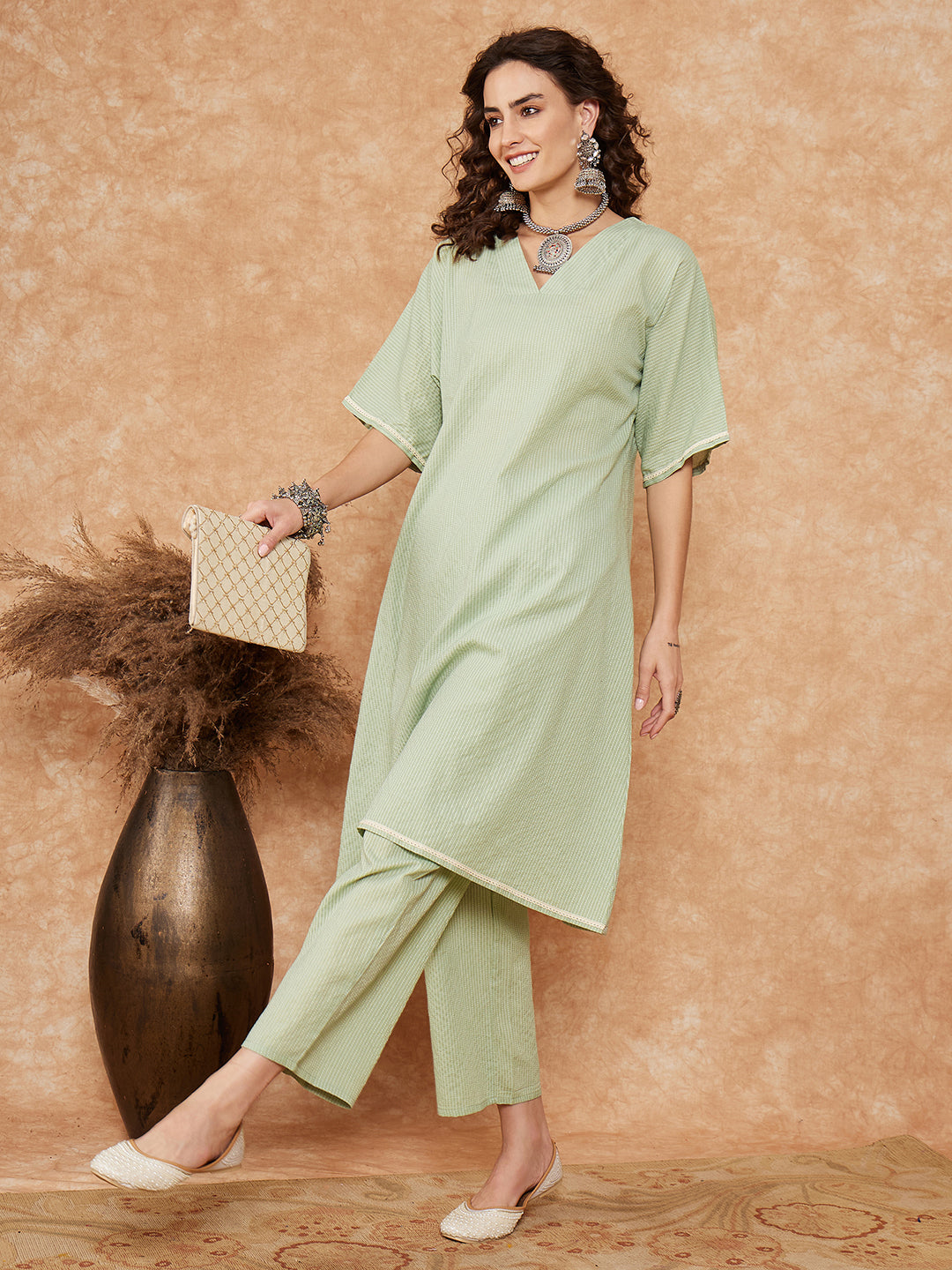 InWeave Women's Sage Green Kantha Lace Wrok Kimono Sleeve Kurta Set - Swadesiicart