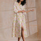 trueBrowns Pink Yellow Floral On White Block Print Cotton Wrap Dress | Swadesiicart