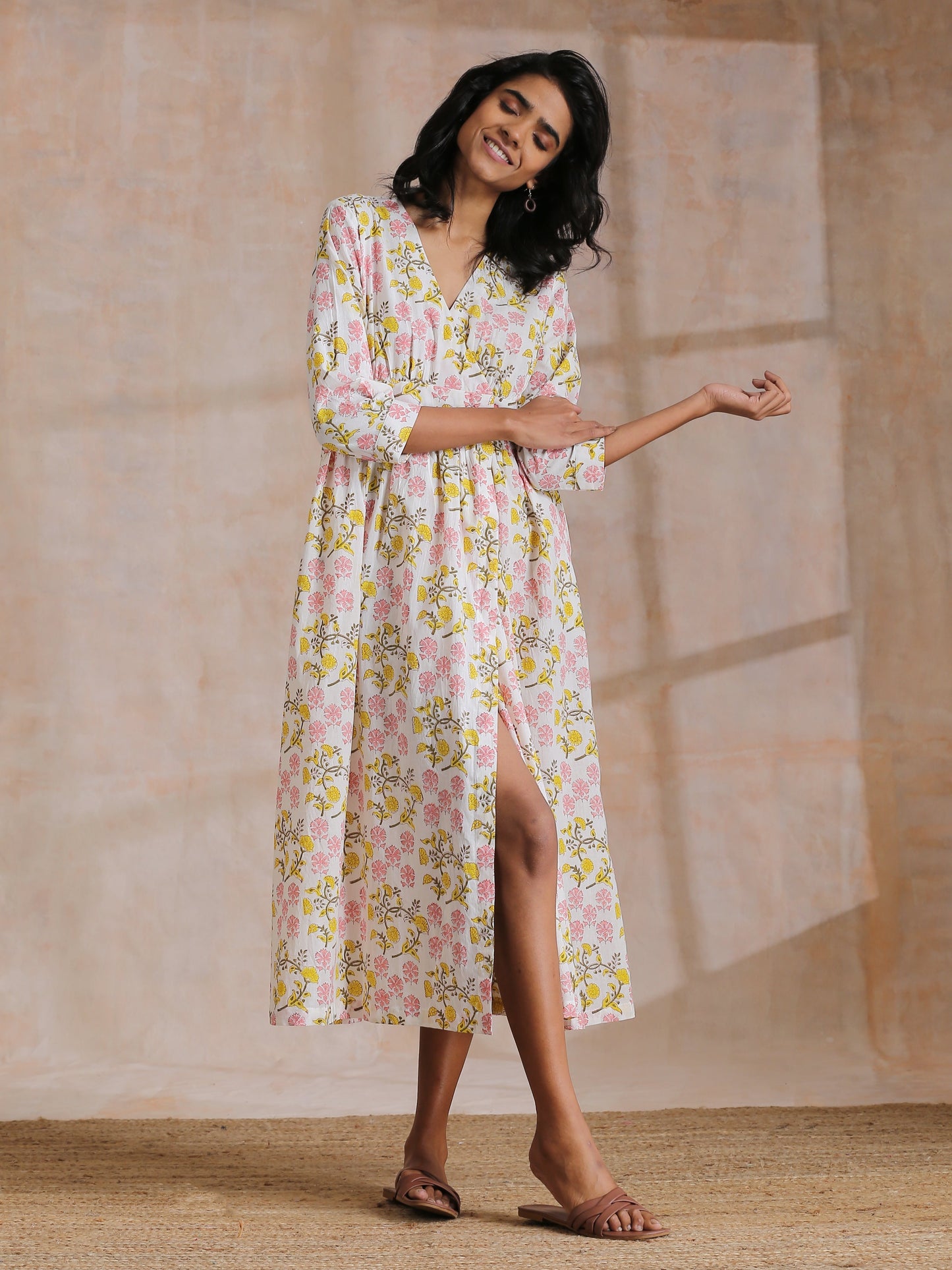 trueBrowns Pink Yellow Floral On White Block Print Cotton Wrap Dress | Swadesiicart