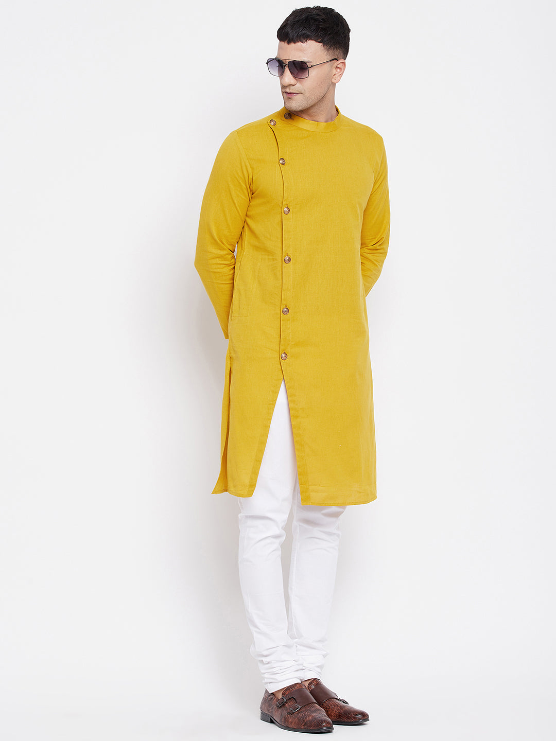 Even Apparels Yellow Pure Cotton Kurta With Band Collar | Swadesiicart