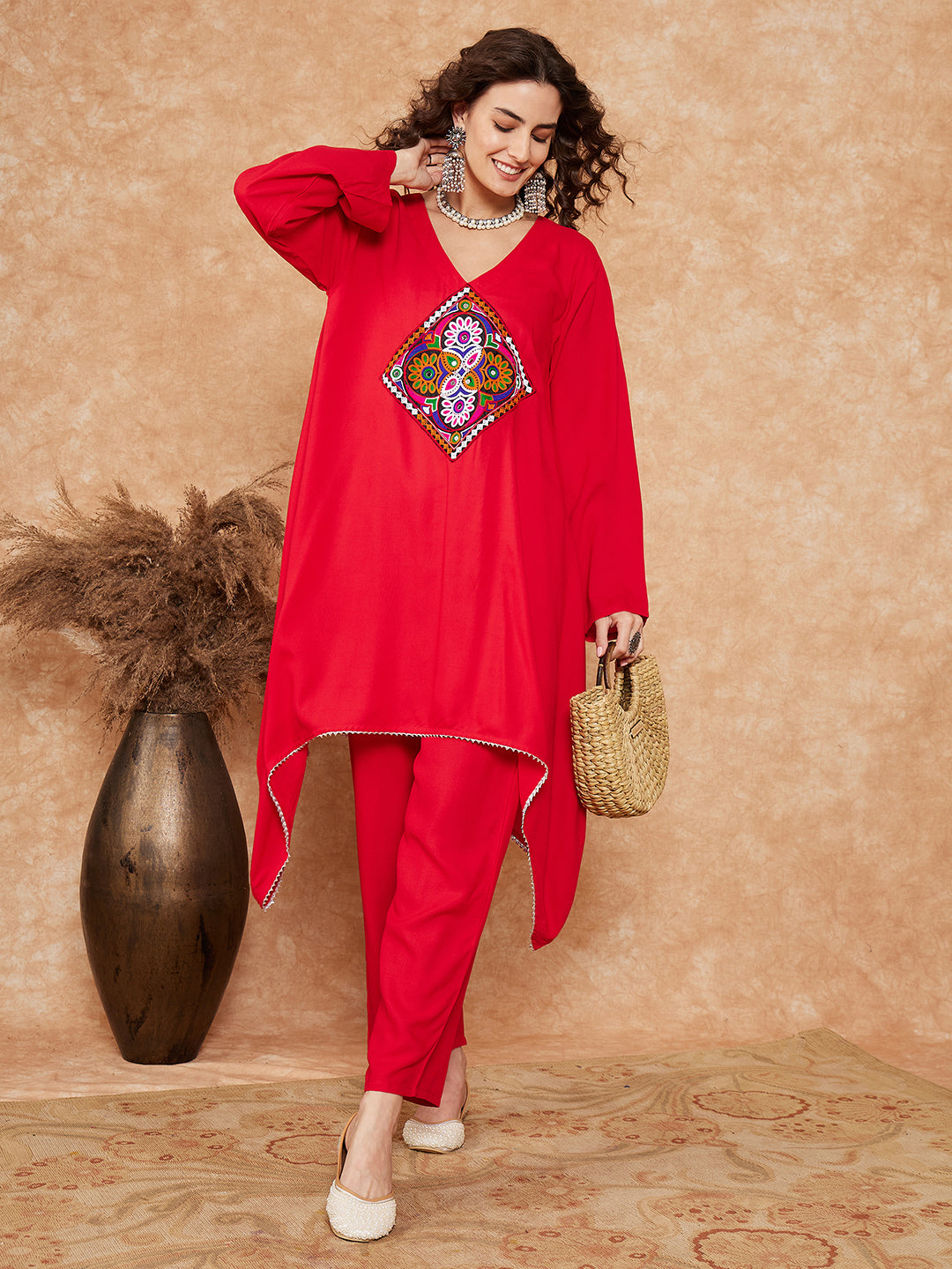 InWeave Women's Red Square Maroon Patch Work Assymentrical Kurta Set - Swadesiicart