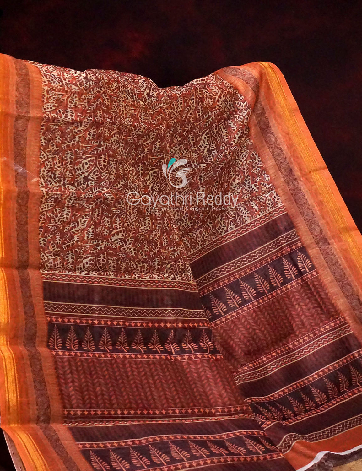 Orange and Rust Printed Semi Chanderi Saree By Gayathri Reddy Designer Studio | Swadesiicart