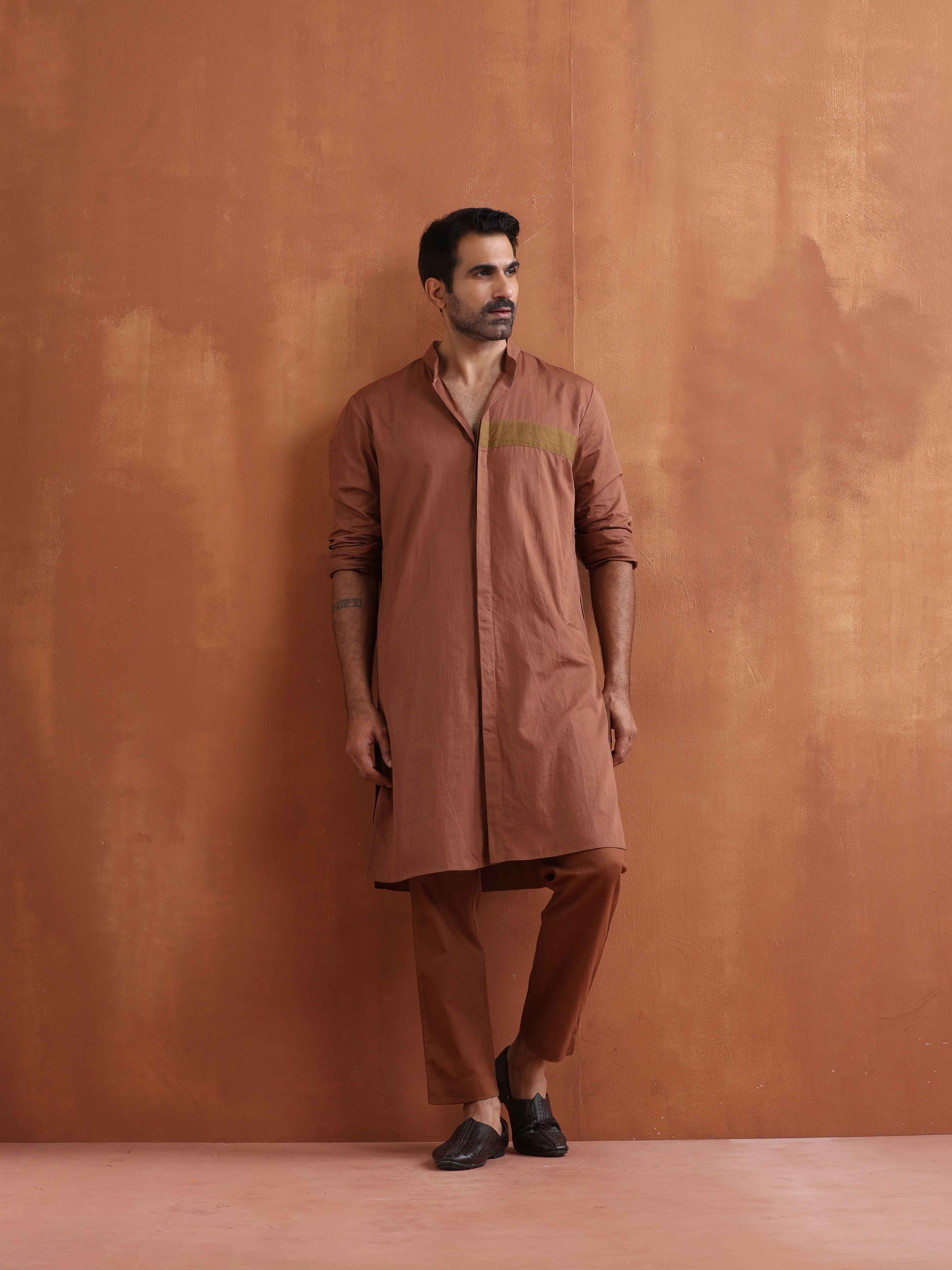 trueBrowns Men's Brown Cotton Front Open Kurta | Swadesiicart