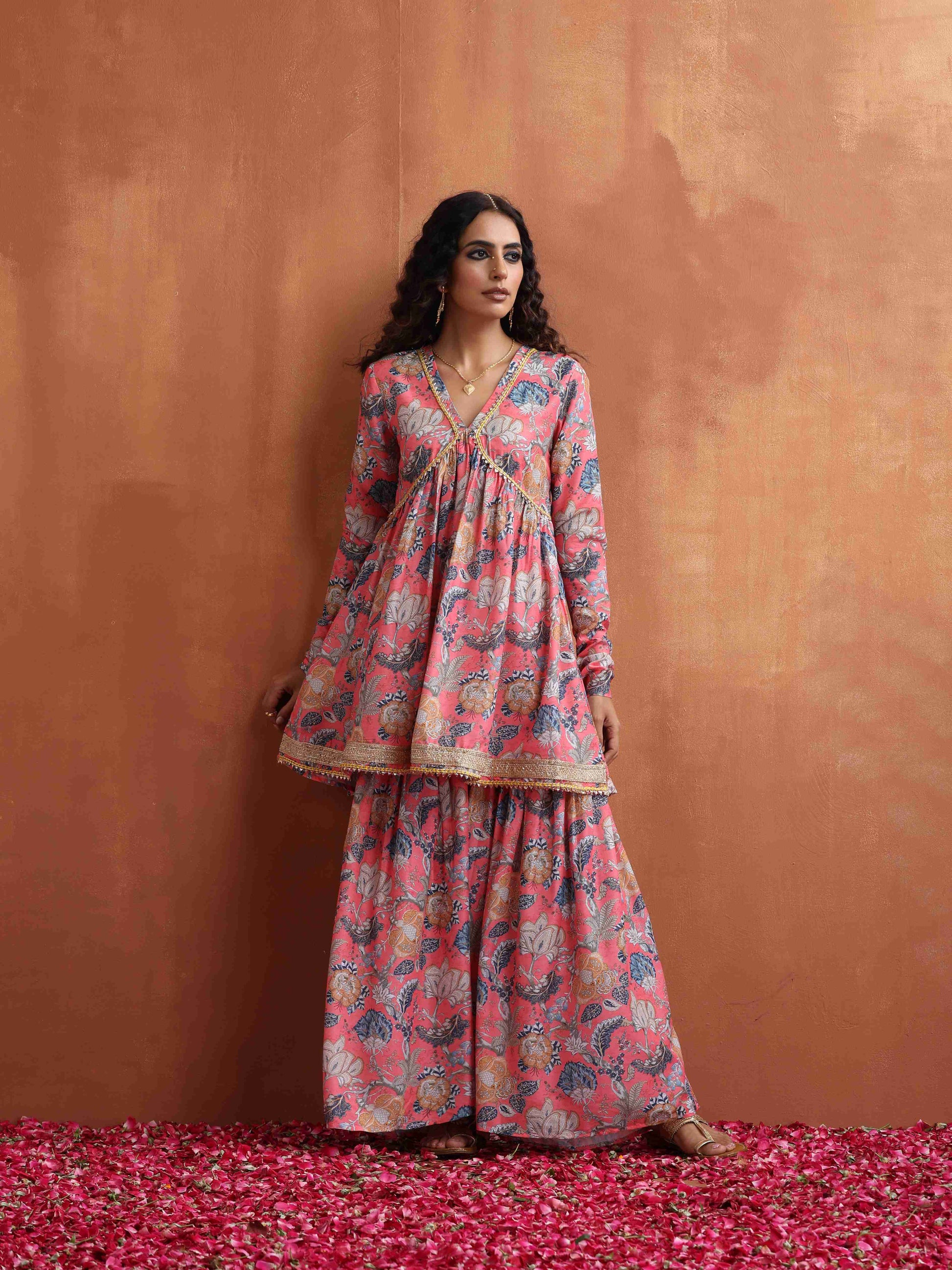 trueBrowns Orange Print Sharara Set | Swadesiicart