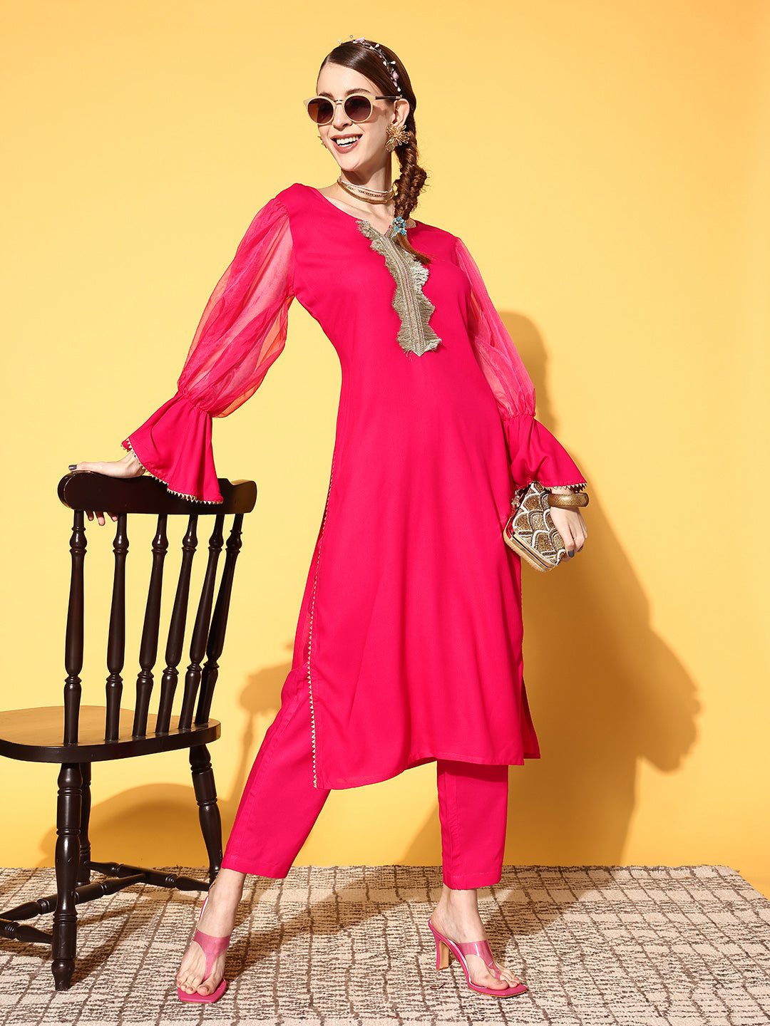 InWeave Women's Fuschia Organza Sleeve Gota Work Kurta Set - Swadesiicart