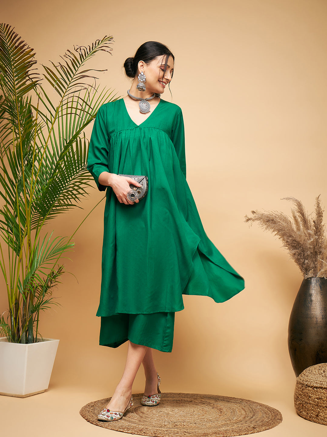 InWeave Women's Forest Green Flared Kurta Palazzo Set - Swadesiicart