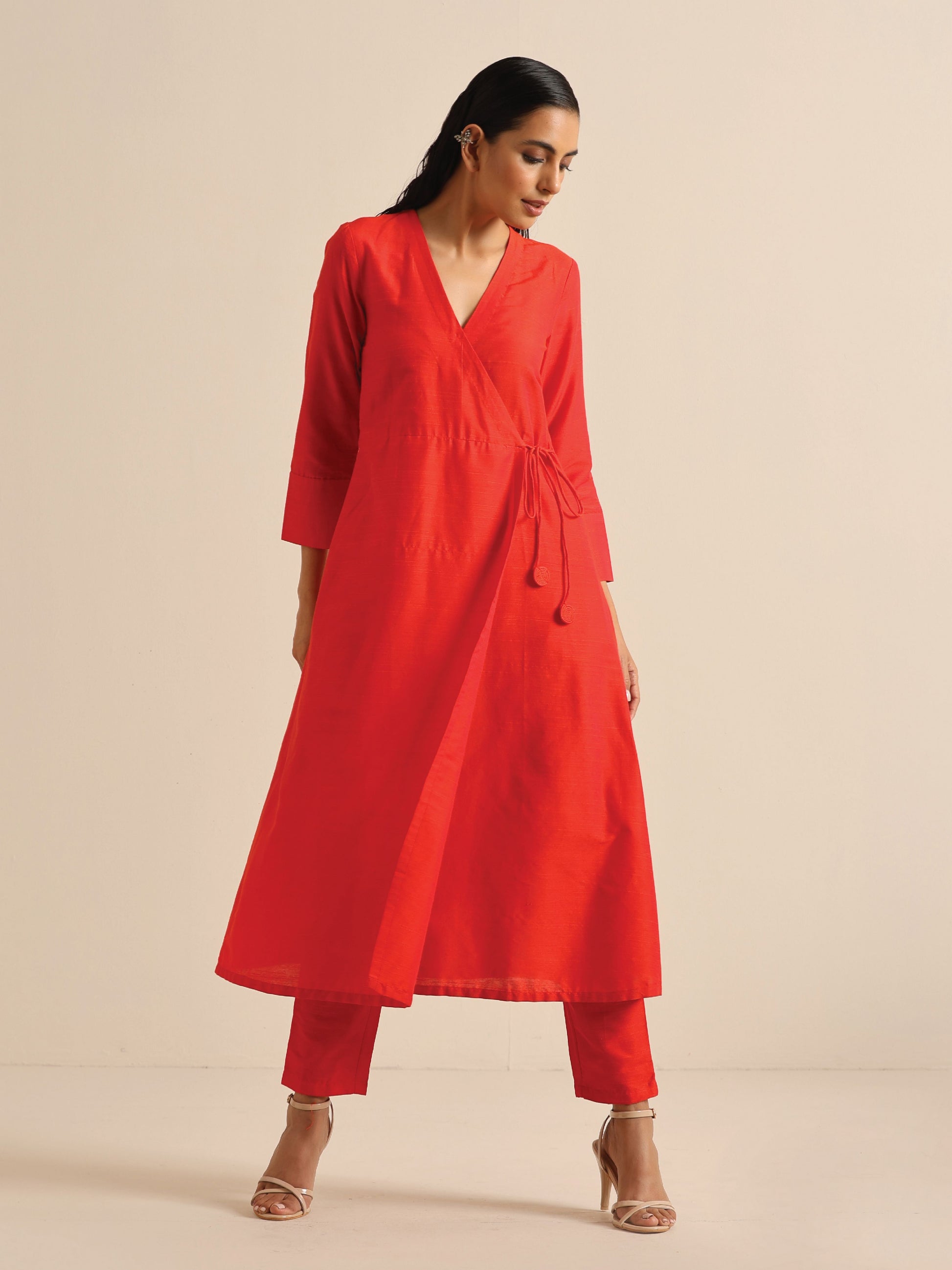 trueBrowns Orange Dupion Blend Angrakha Kurta Pant Set | Swadesiicart