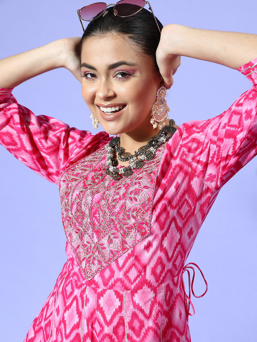 InWeave Women's Abstract Pink Print Long Dress With Work - Swadesiicart