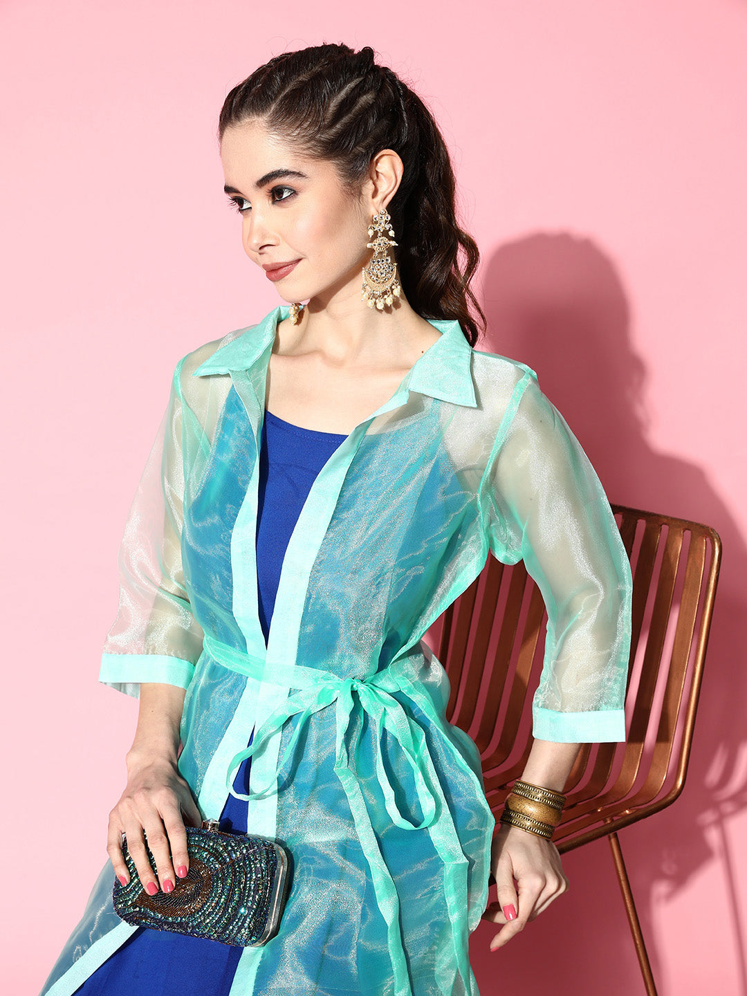 InWeave Women's Ink Blue Strappy Kurta Set With Teal Organza Cape - Swadesiicart