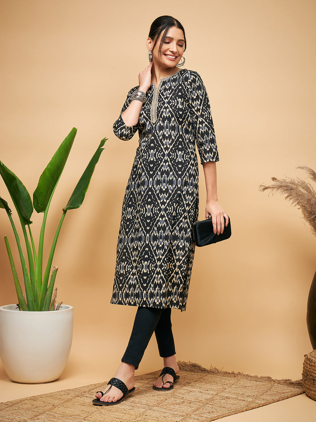 InWeave Women's Black Ikkat Print Gota Cotton Straight Kurta - Swadesiicart