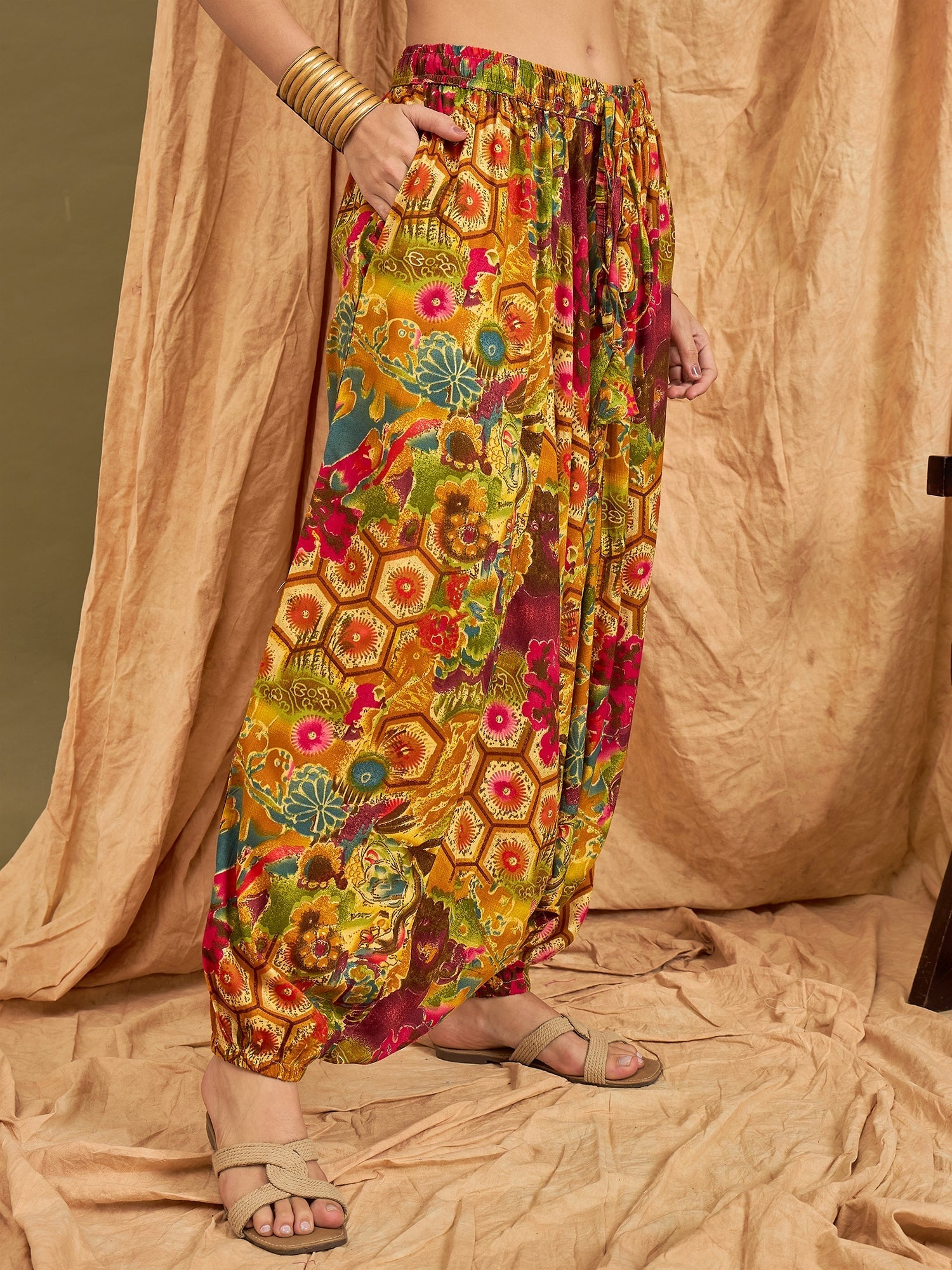 InWeave Mustard Multi Flower Harem Pant - Swadesiicart