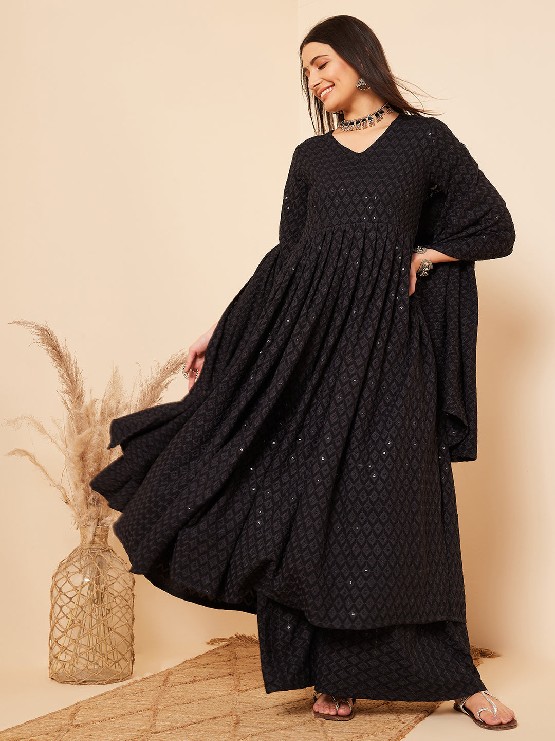 InWeave Women's Black Chikankari Long Anarkali Kurta Sharara Set W Dupatta - Swadesiicart