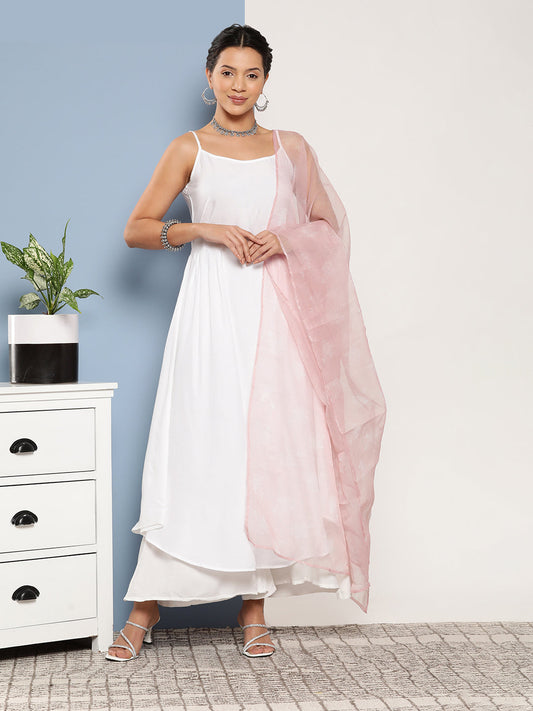 InWeave Women's Cream Strappy With Pink White Chintz Organza Dupatta - Swadesiicart