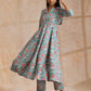 trueBrowns Turkish Blue Overall Floral Block Print Cotton Flared Kurta Pant Set | Swadesiicart