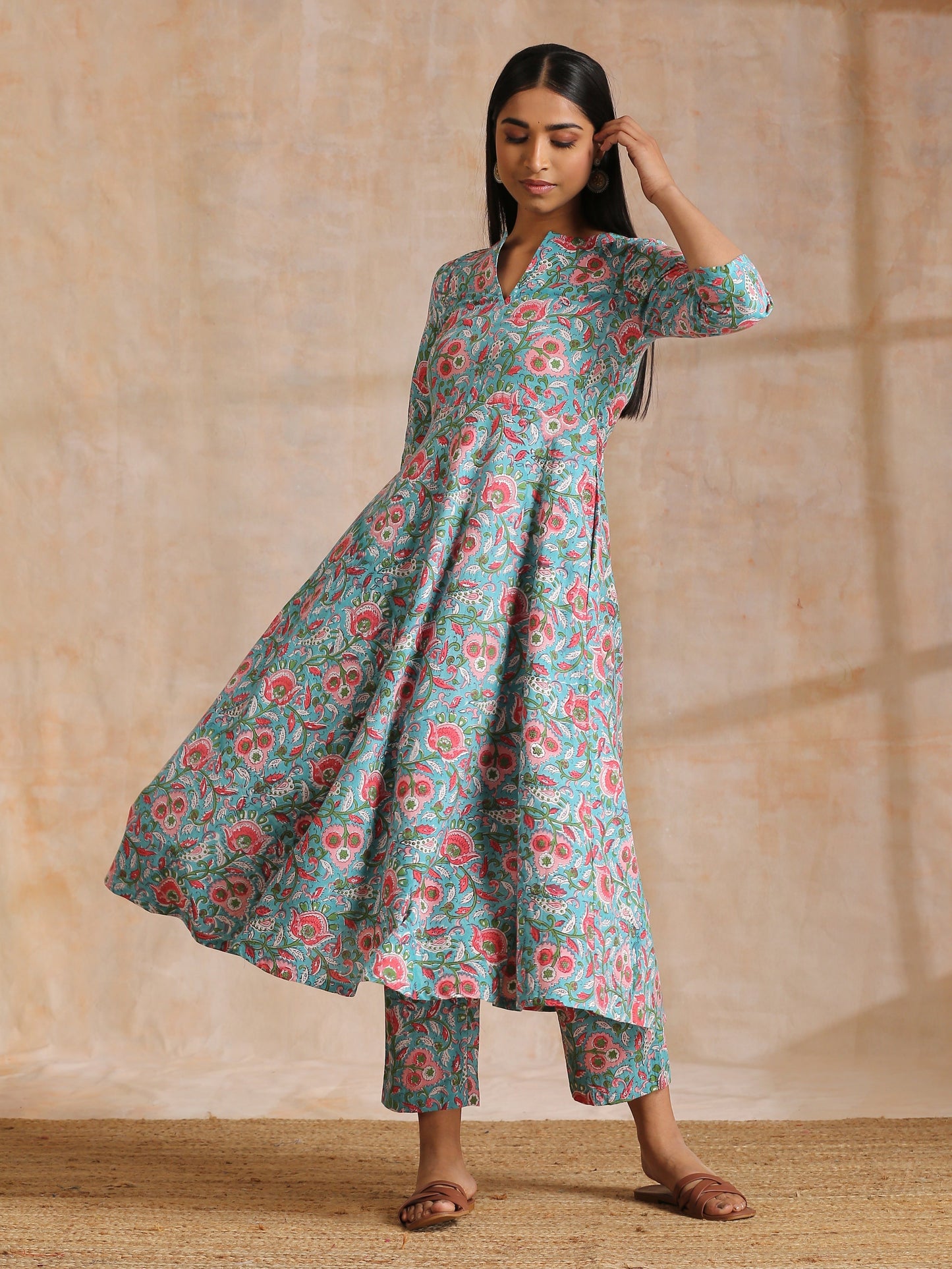 trueBrowns Turkish Blue Overall Floral Block Print Cotton Flared Kurta Pant Set | Swadesiicart