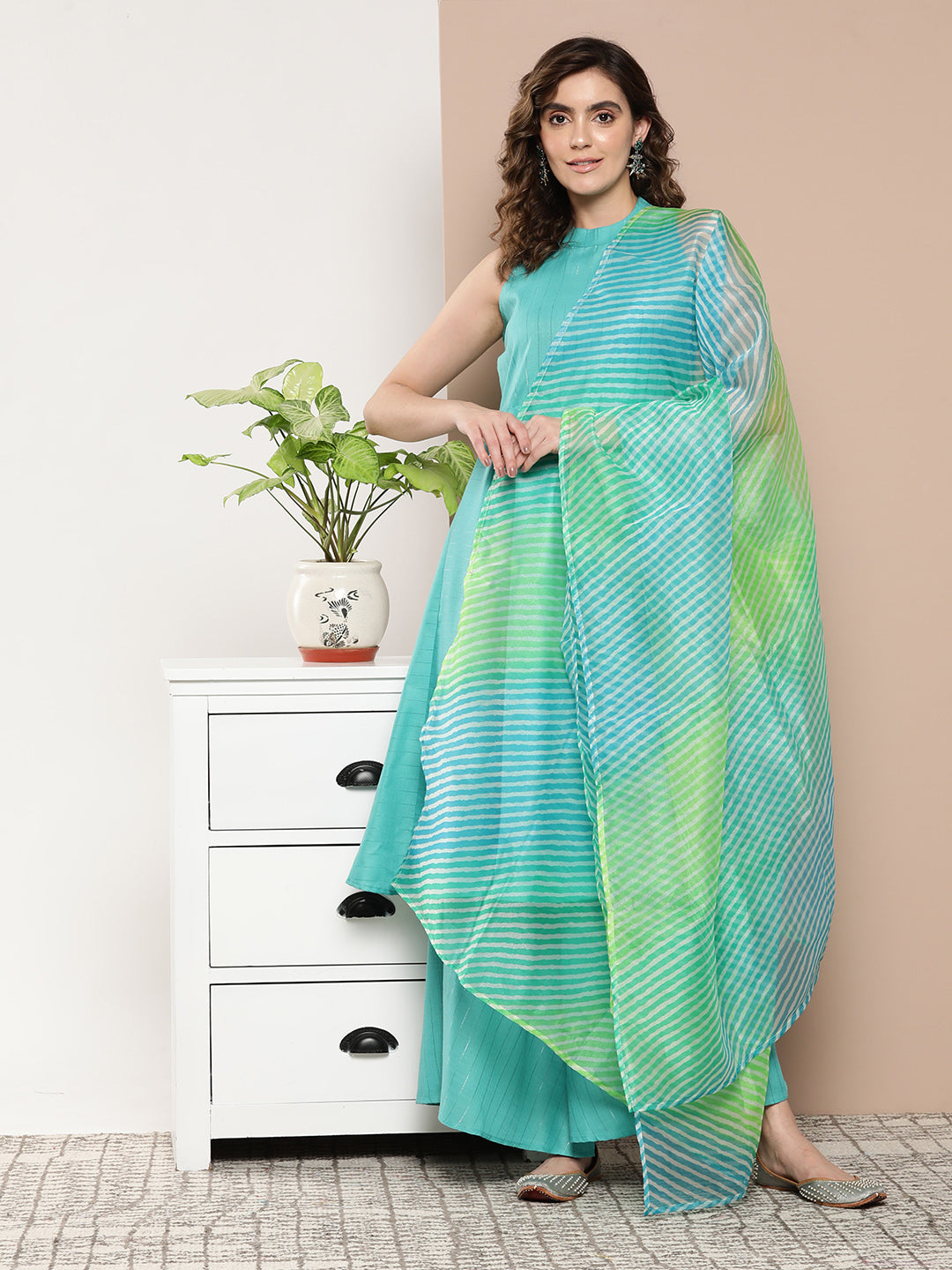 InWeave Women's Teal Lurex Boho Kurta Set With Aqua Leh Organza Dupatta - Swadesiicart