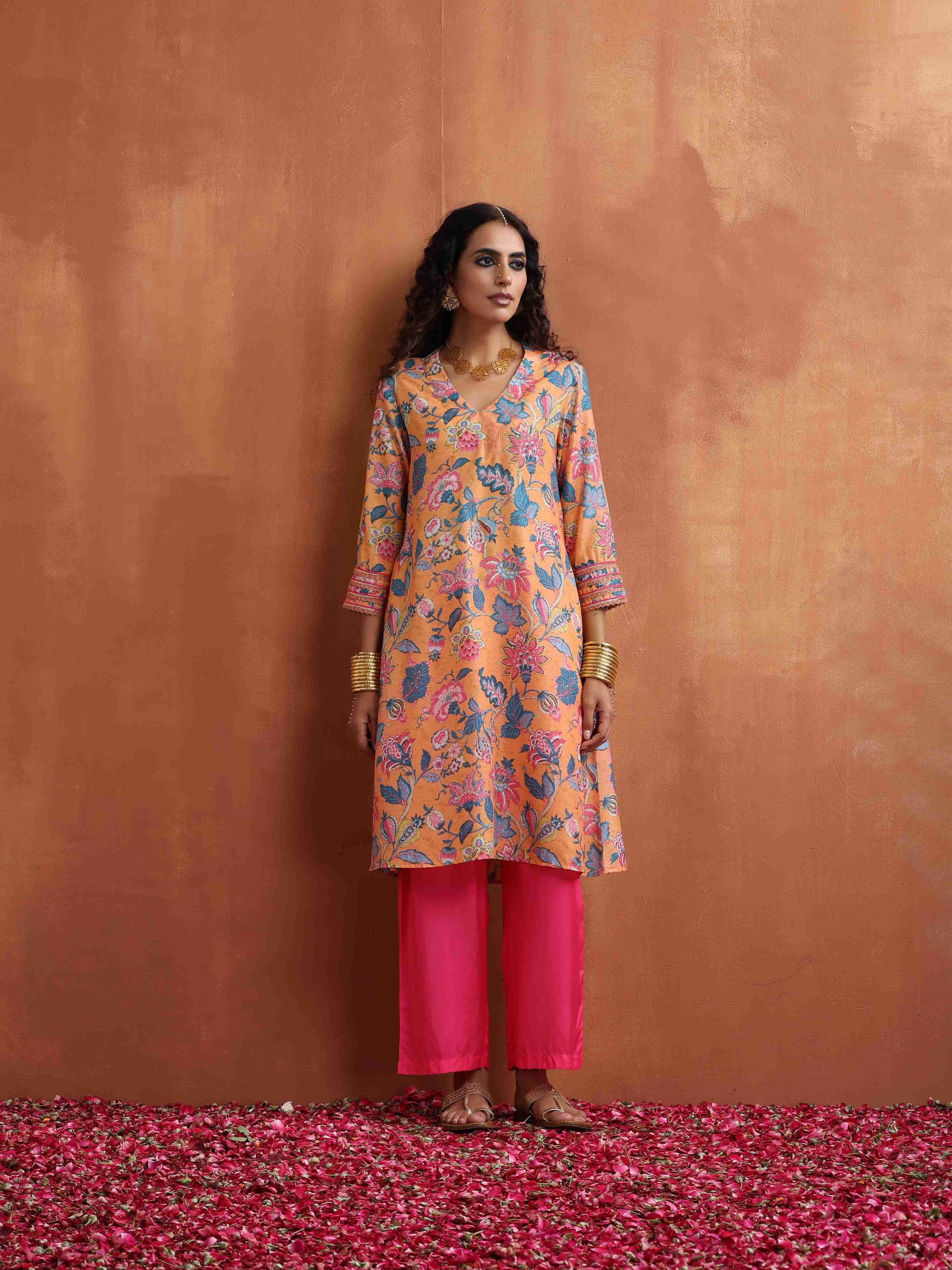 trueBrowns Orange Print Kurta Co-ord Set - Swadesiicart