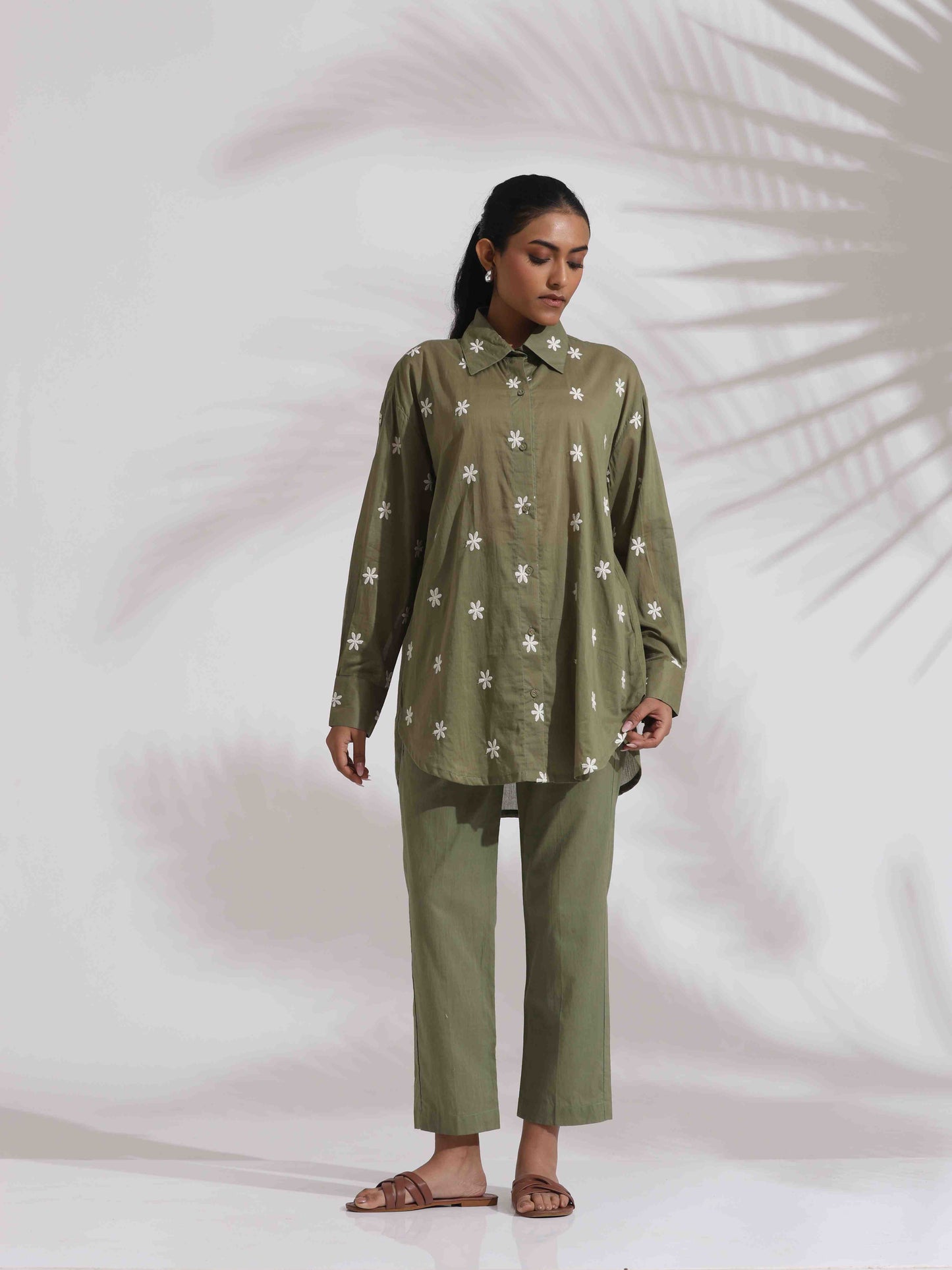trueBrowns Olive Green Cotton Floral Embroidered Co-ord Set - Swadesiicart