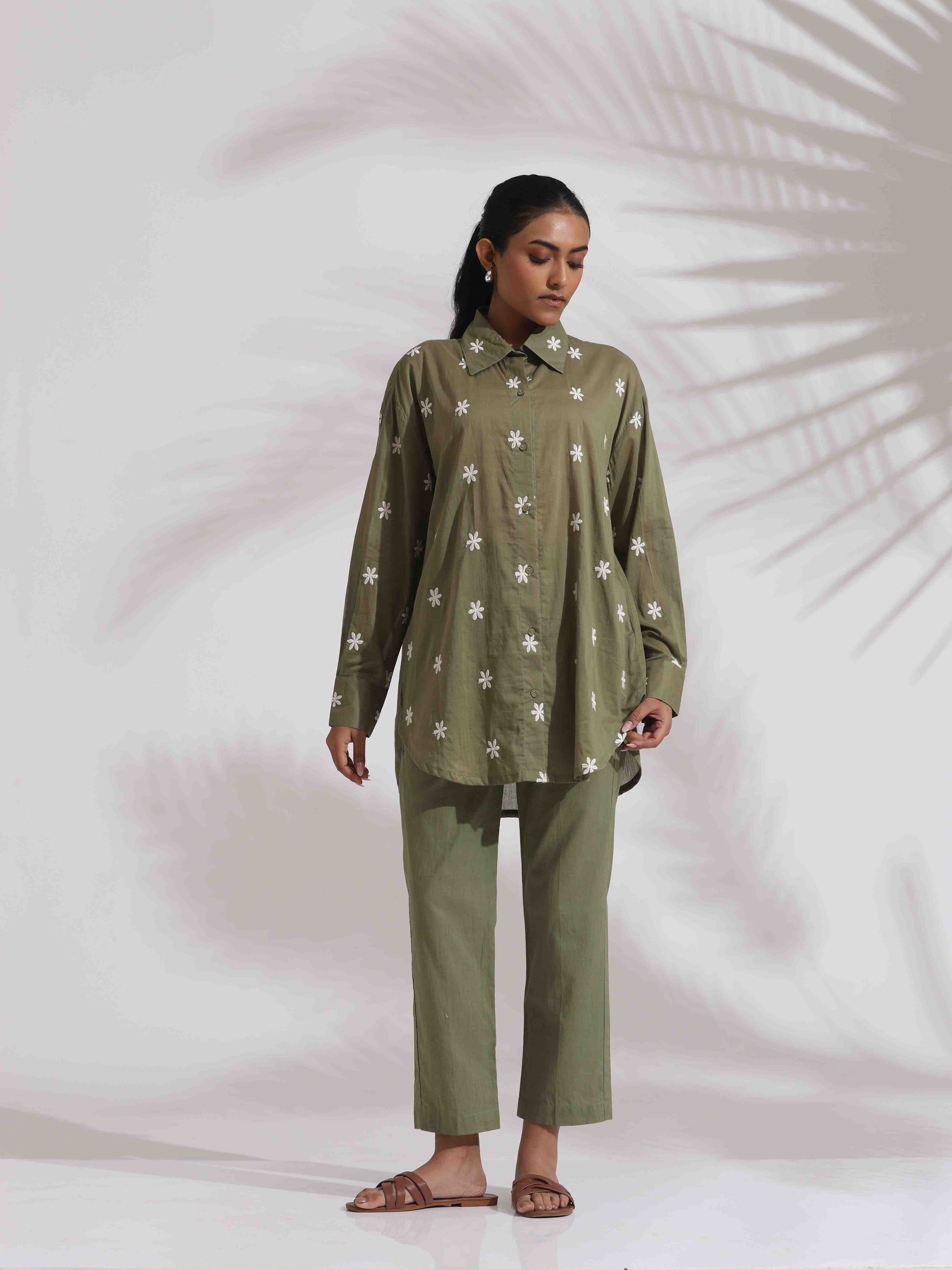trueBrowns Olive Green Cotton Floral Embroidered Co-ord Set - Swadesiicart