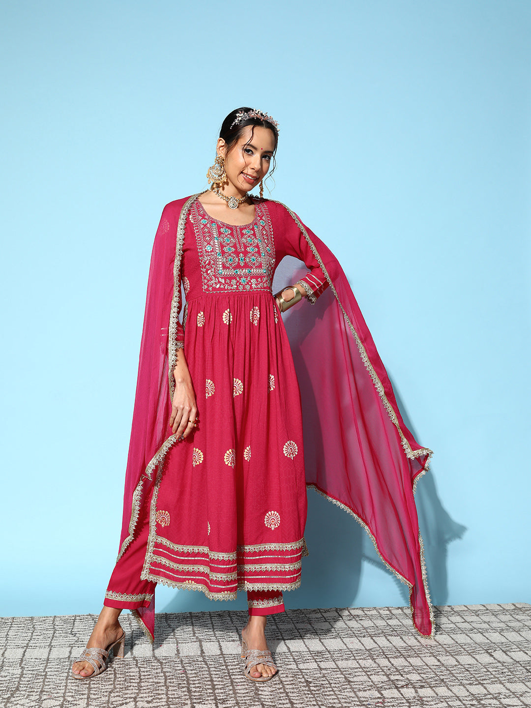 InWeave Women's Pink Nyra Cut Embroidered Kurta Set With Dupatta - Swadesiicart