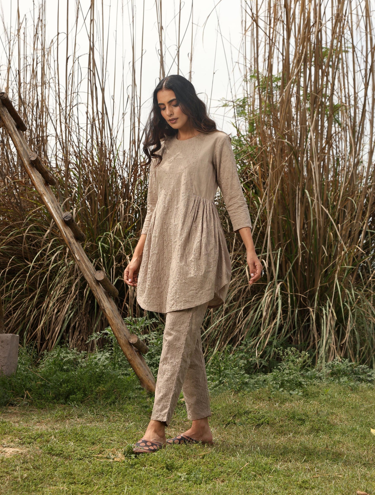 trueBrowns Khaki Cotton Embroidered Co-ord Set - Swadesiicart